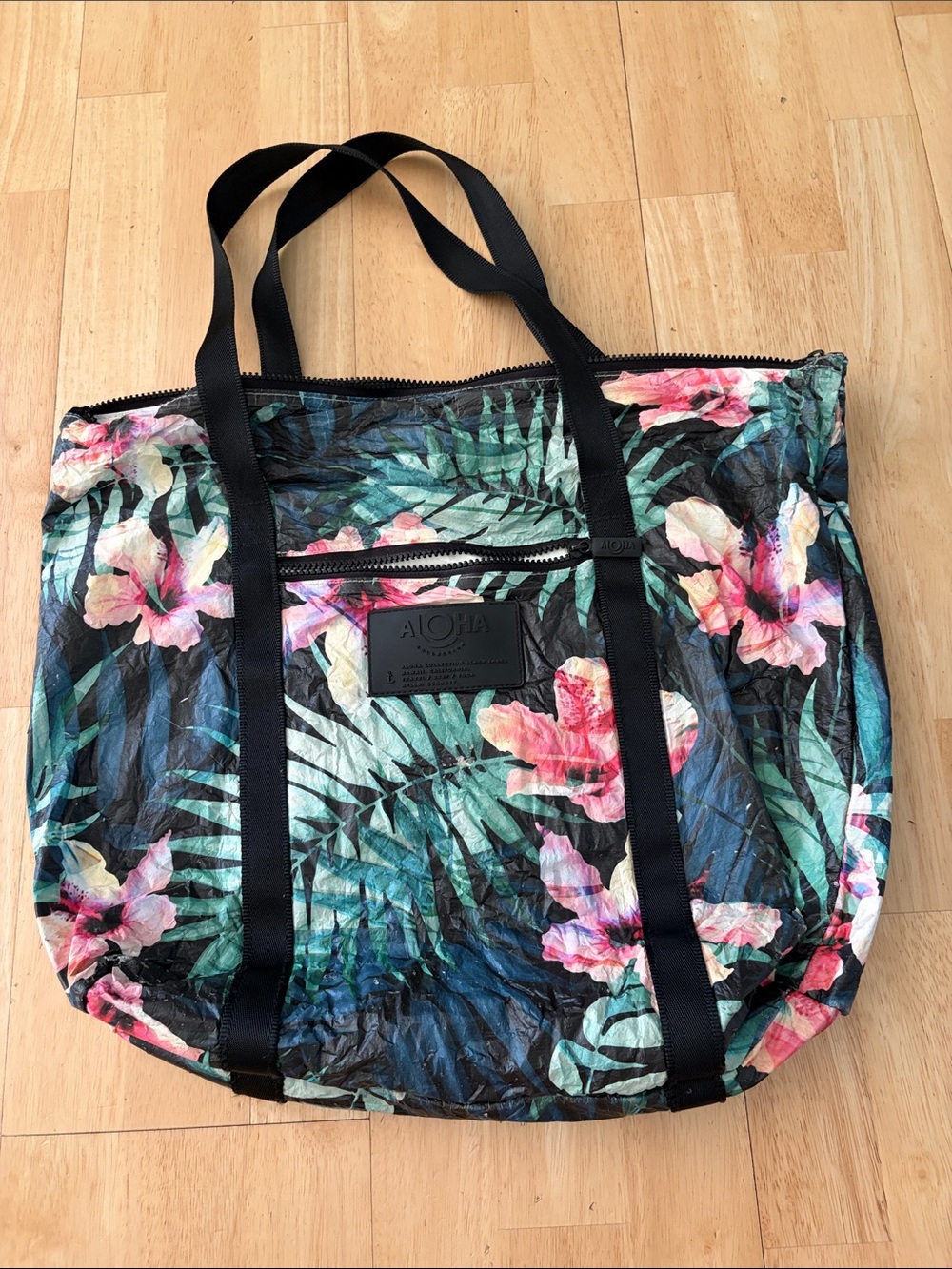 ALOHAS Black Tropical Floral Tote with Pink & Green Accents